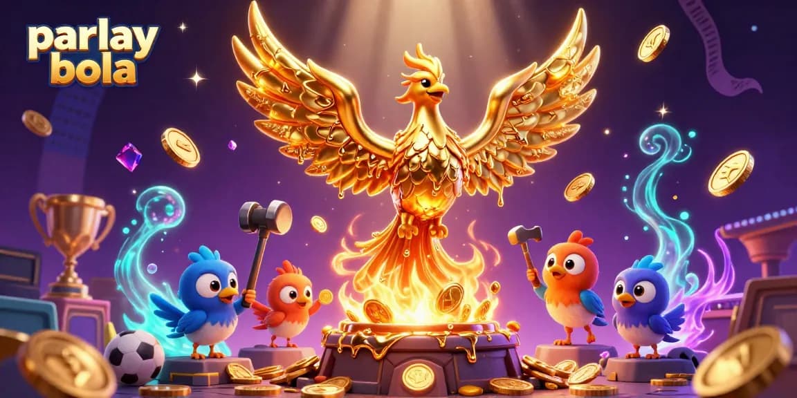 Bet successfully with parlay bola as a golden phoenix soars amidst dynamic sports betting elements.
