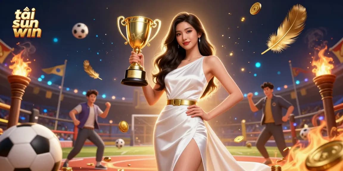 Engage with the excitement of tải sun win, featuring an Asian woman with a trophy in a dynamic betting scene highlighting immersive casino elements.