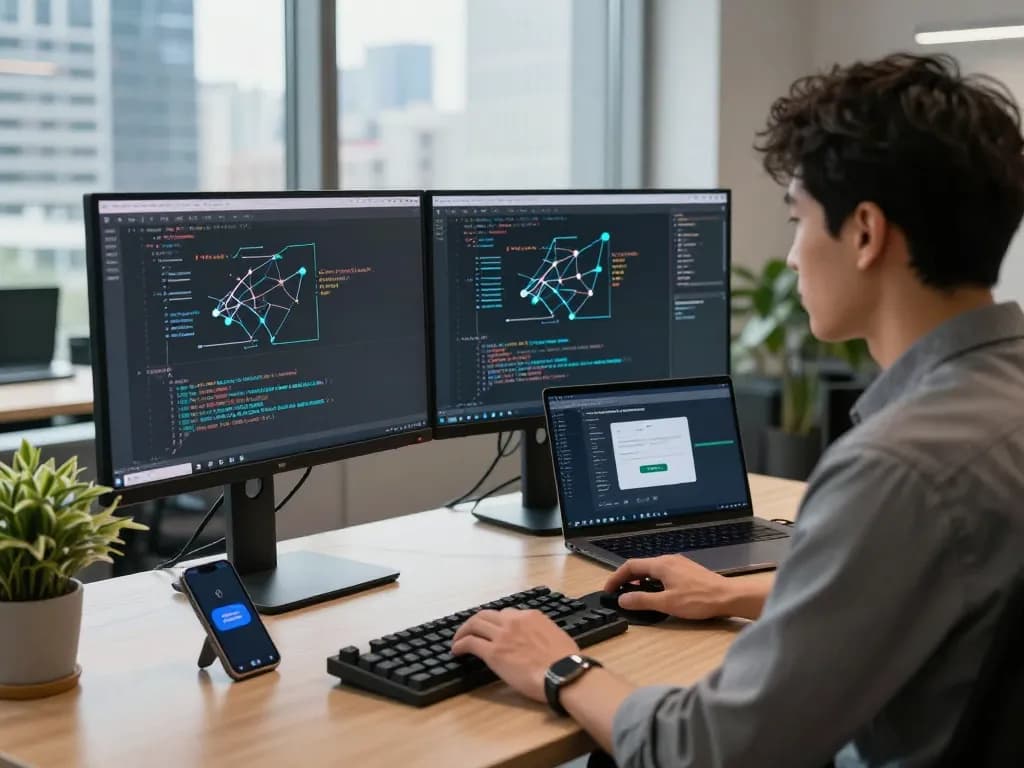 快连 tech workspace with a software developer coding on dual monitors in a modern office setting.