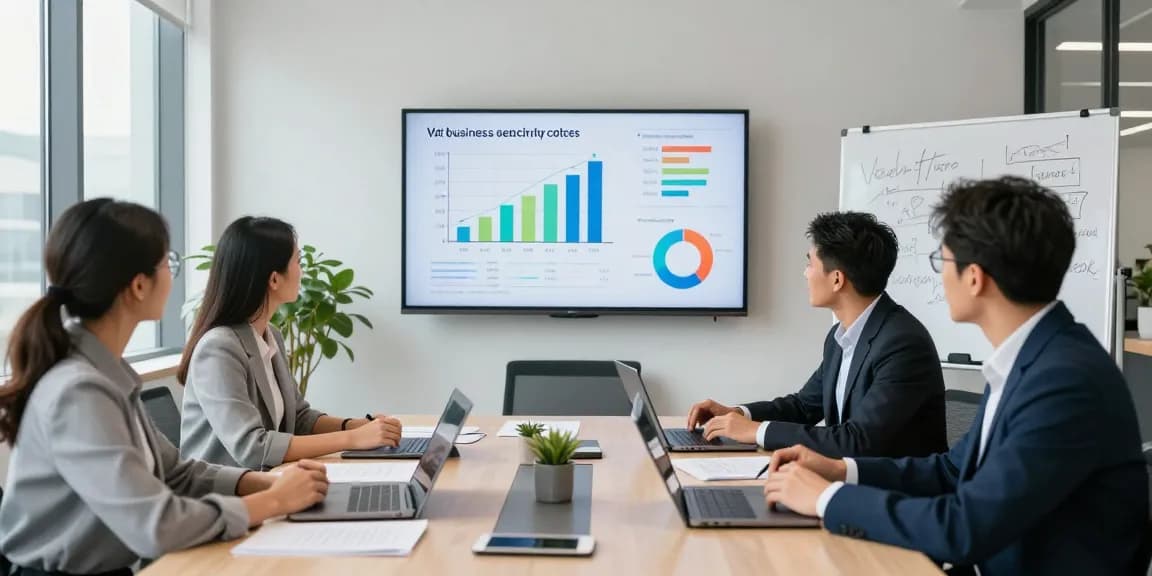 Team discussing VAT on business electricity rates in a modern office.