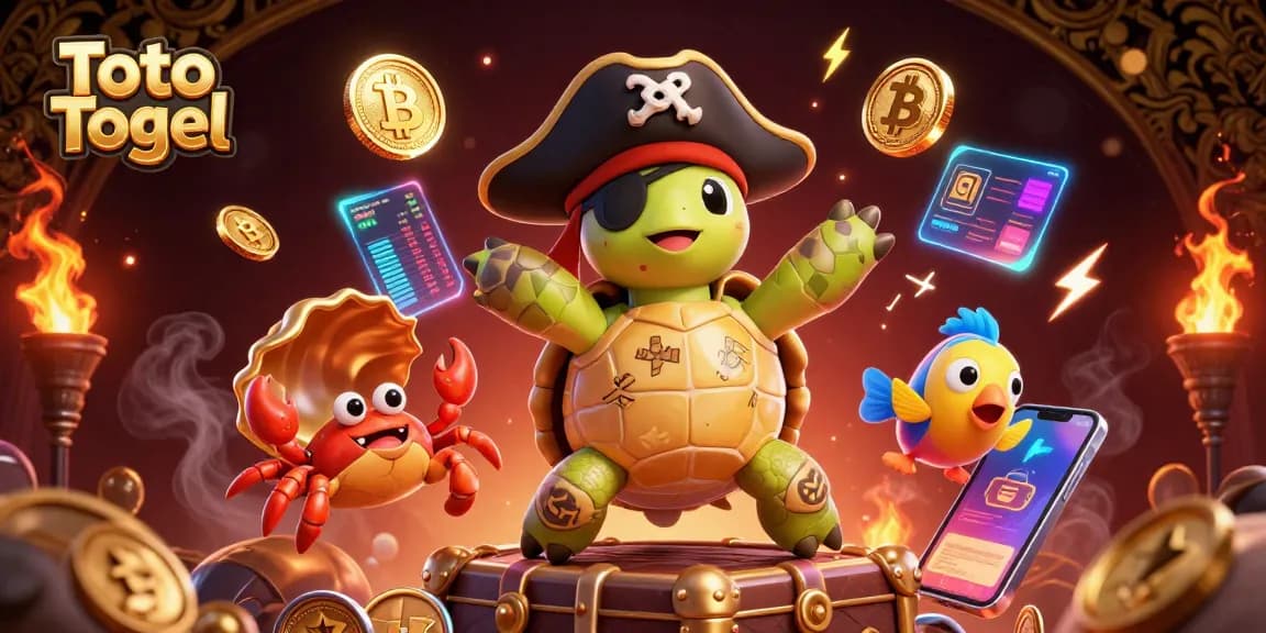 Play innovative Toto Togel slots with vibrant characters amidst treasures and crypto elements.