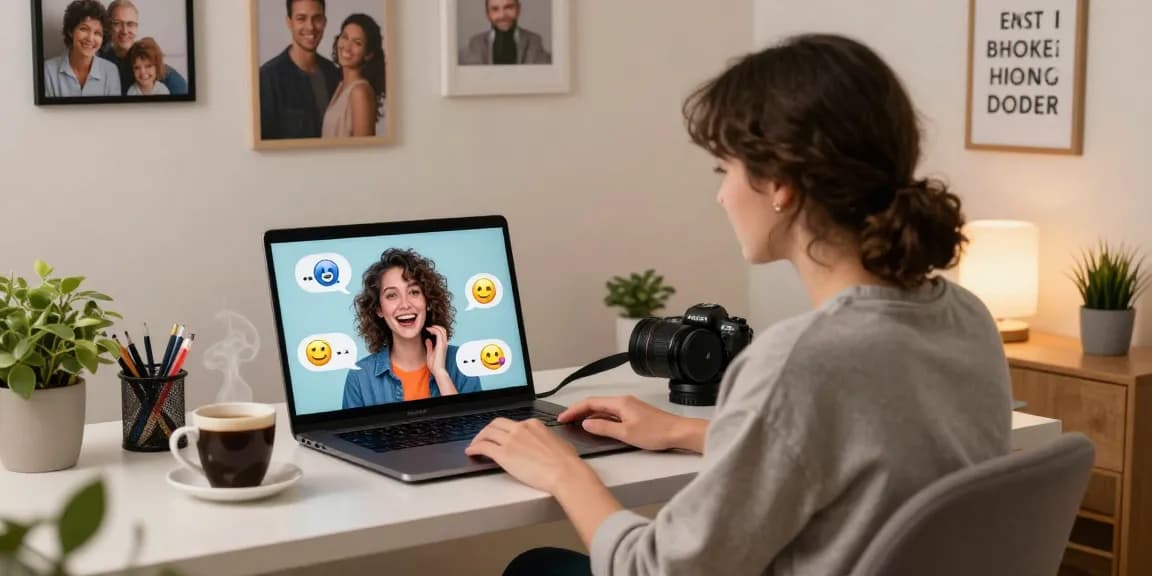Chatting with an AI gf in a cozy workspace, showcasing digital connection