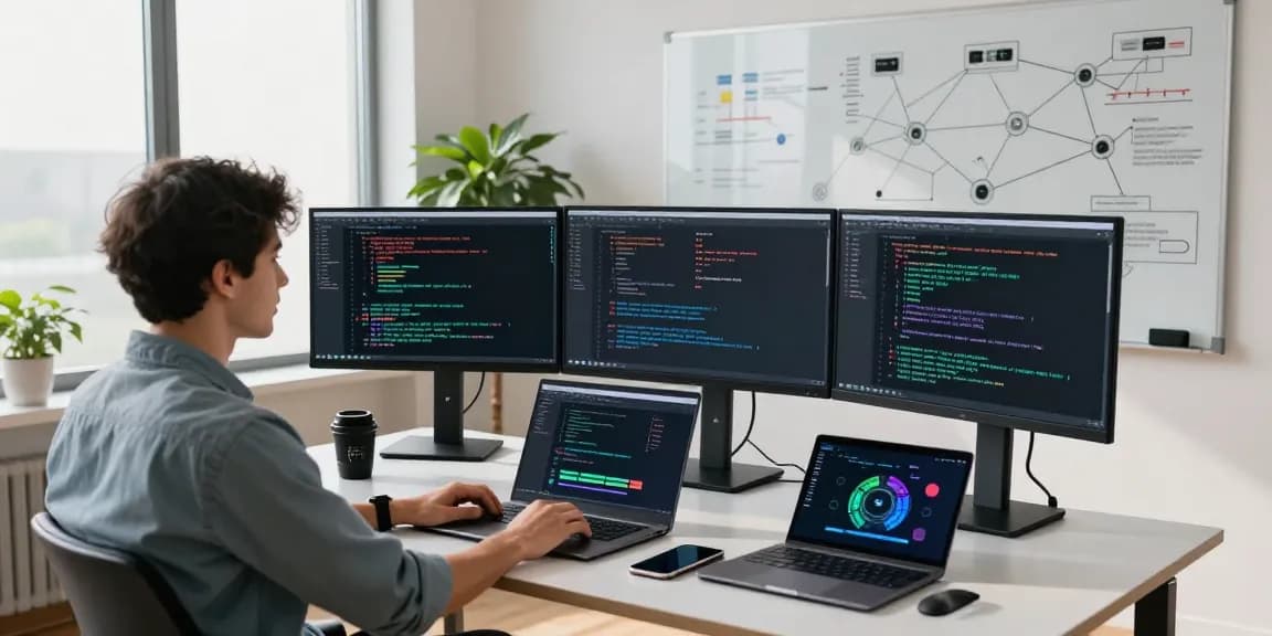 Developer analyzing acrossprotocol transactions in a modern tech workspace, showcasing blockchain connectivity and smart contract analytics.