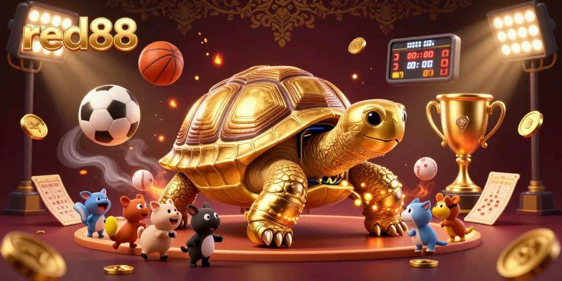 Experience the excitement of red88 with a vibrant casino scene featuring a golden tortoise pinball machine amidst sports elements.