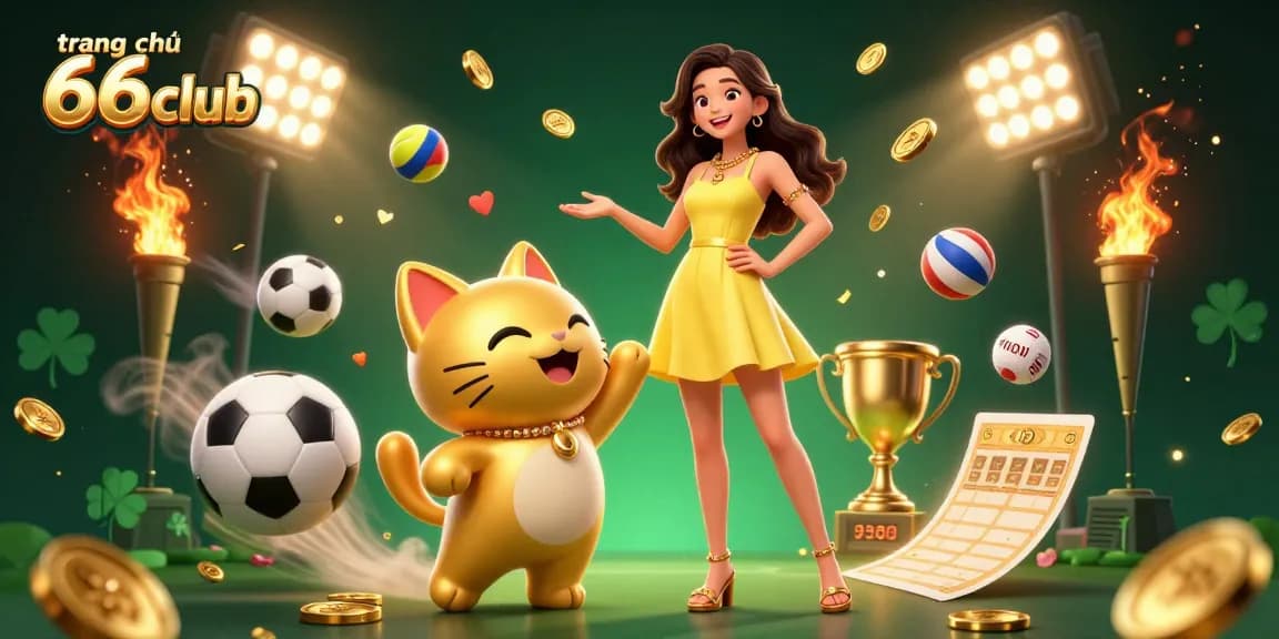Engage with trang chủ 66club in an exciting 3D casino illustration featuring lucky cat and sports elements.