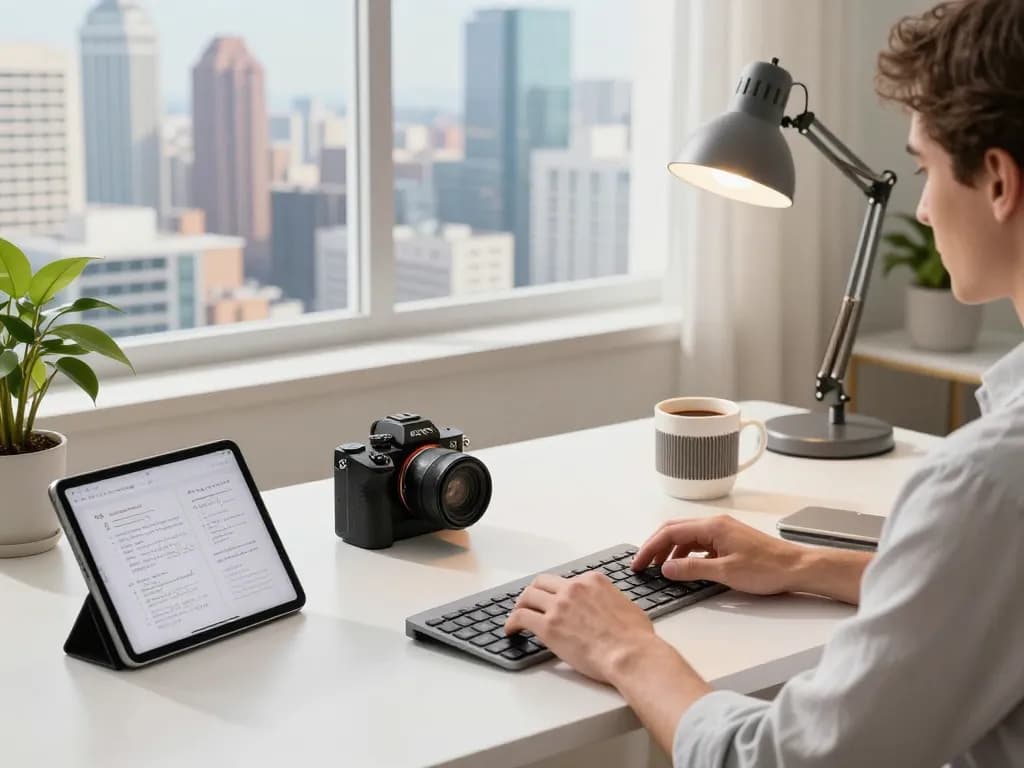 Showcasing unique tech gadgets in a modern home office with a Bluetooth keyboard, tablet, and stylish decor.