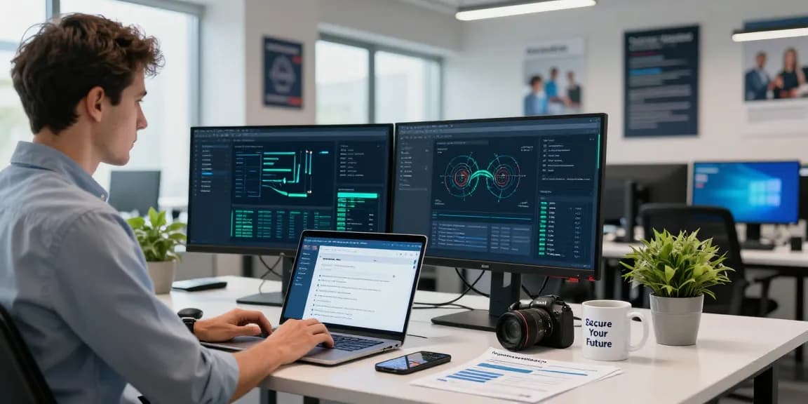 The scene contrasts cyber essentials vs cyber essentials plus in a modern office, highlighting IT professional engaged in compliance tasks.