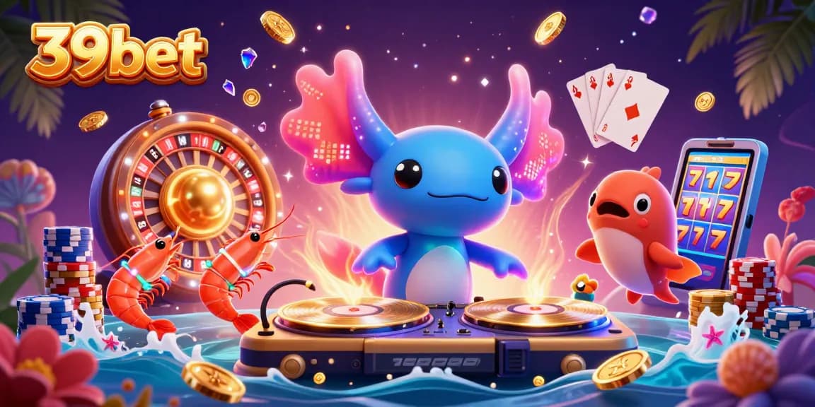 Engage in exciting games at 39bet with neon characters celebrating casino wins.