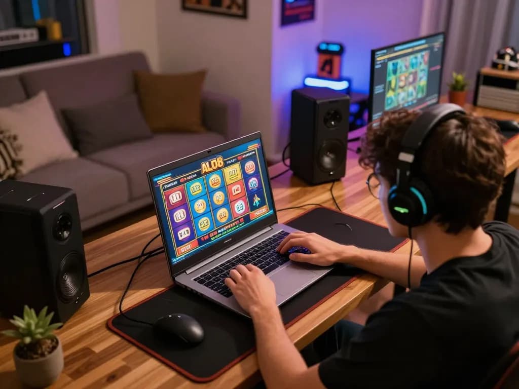 Engaged player exploring ALO8 online casino games on laptop in cozy home setting.