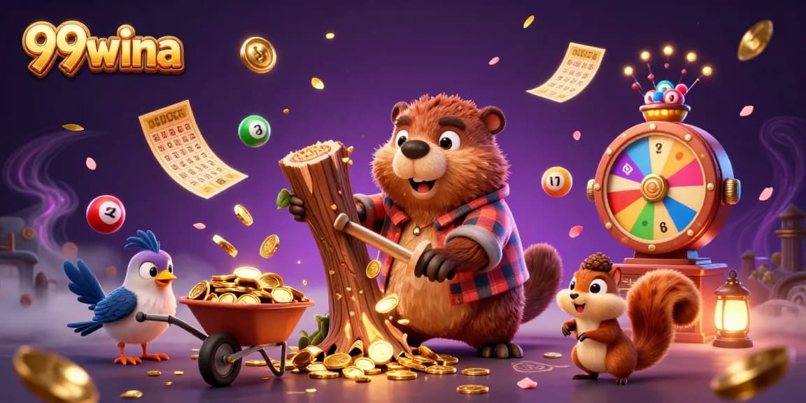 Experience the excitement at 99wina with a vibrant 3D scene of a beaver collecting golden coins from a tree.