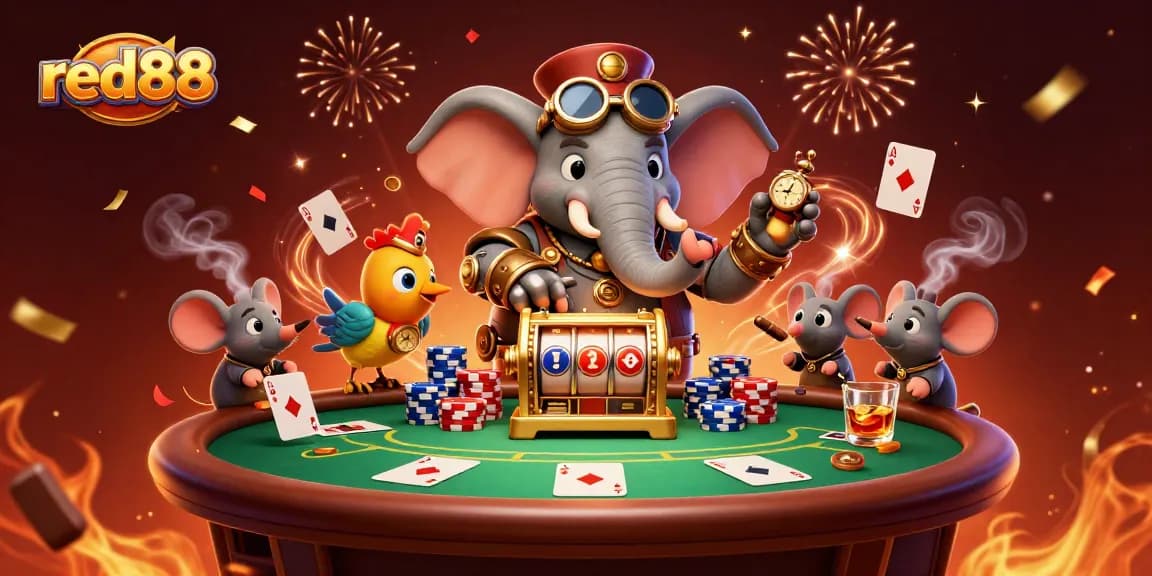 Experience the excitement at red88 with a steampunk elephant operating a golden slot machine while celebrating.