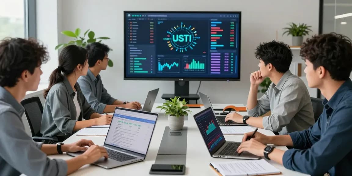 Team of financial analysts collaborating on USDT0 cross-chain solutions in modern workspace