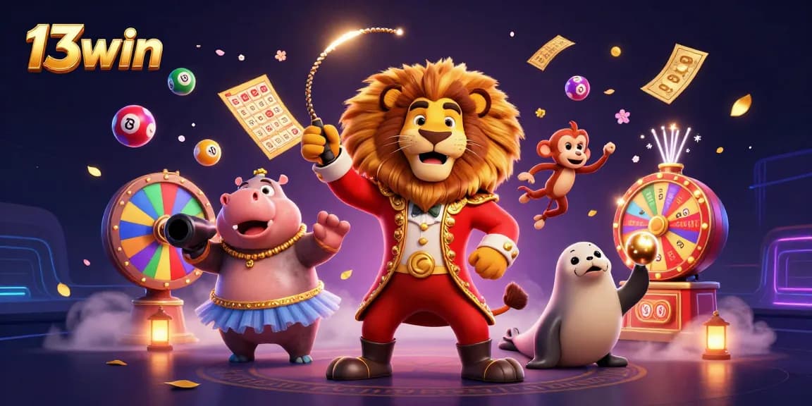 Play and win big with 13win in a dynamic casino scene featuring lively characters and vibrant game elements.