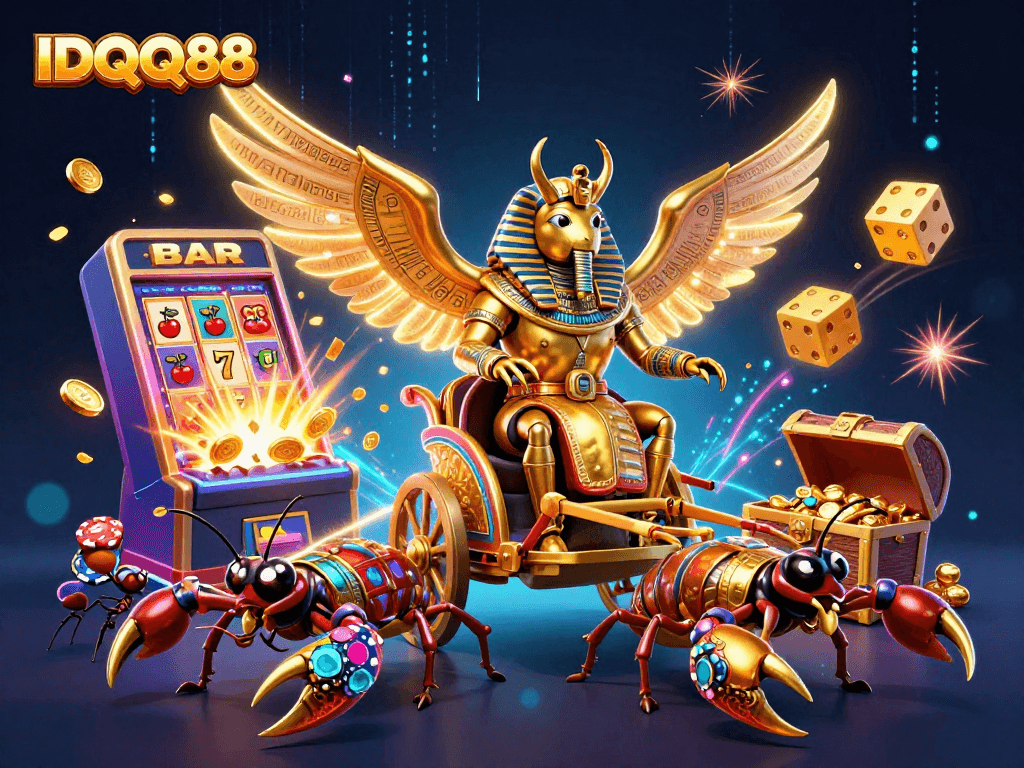 Experience IDQQ88's thrilling slot action with golden scarab beetles and jackpot explosions in this dynamic casino scene.