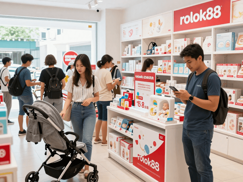 Consumers exploring rokok88 products in a vibrant retail space, showcasing modern shopping experiences.