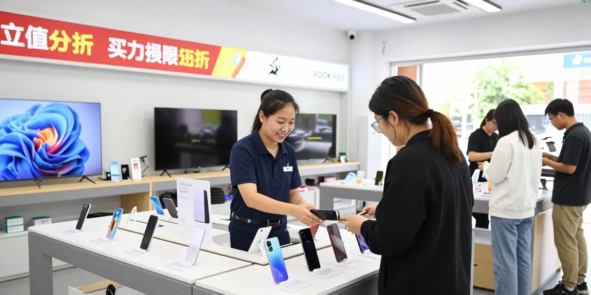 ROKOK88 retail scene showing staff assisting customers in a vibrant electronic store.