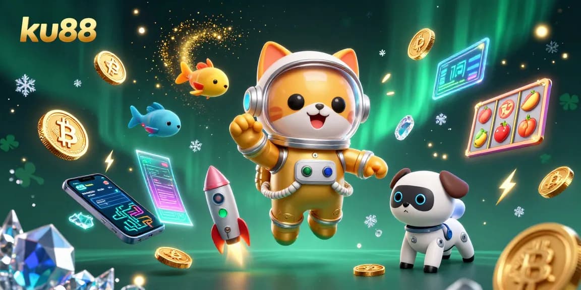 Ku88 offers a vibrant casino scene with an astronaut cat and a robot dog enjoying slot games amidst crypto elements.