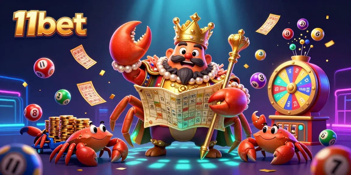 Experience excitement with 11bet’s vibrant lottery-themed scene featuring a golden crab emperor and colorful elements.