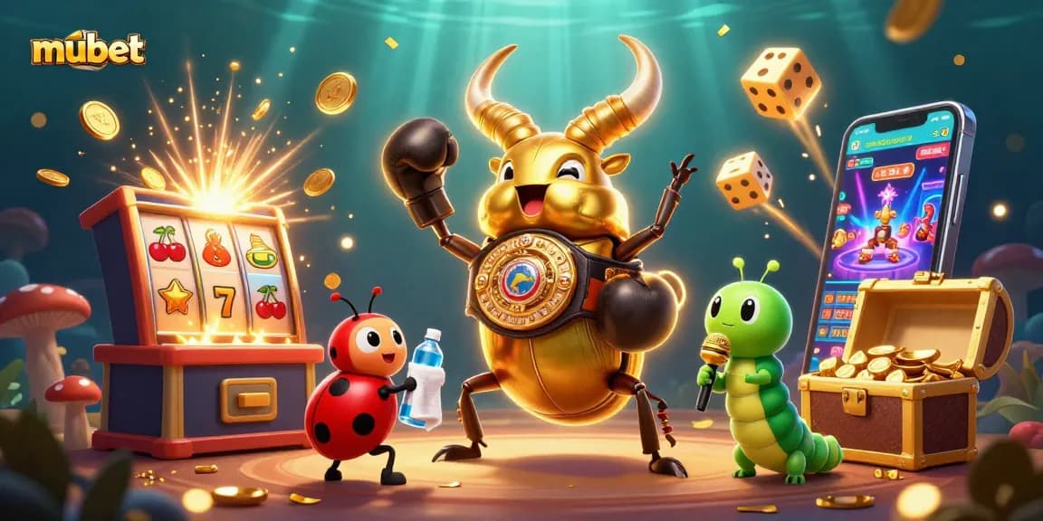 Engage in thrilling gameplay with mubet's vibrant 3D illustration featuring a golden beetle champion.