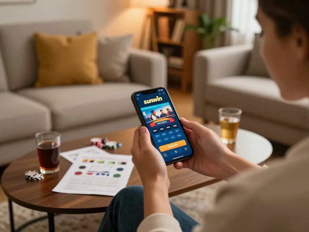 Sunwin app in use as a person engages in mobile gambling with a stylish gaming setup.