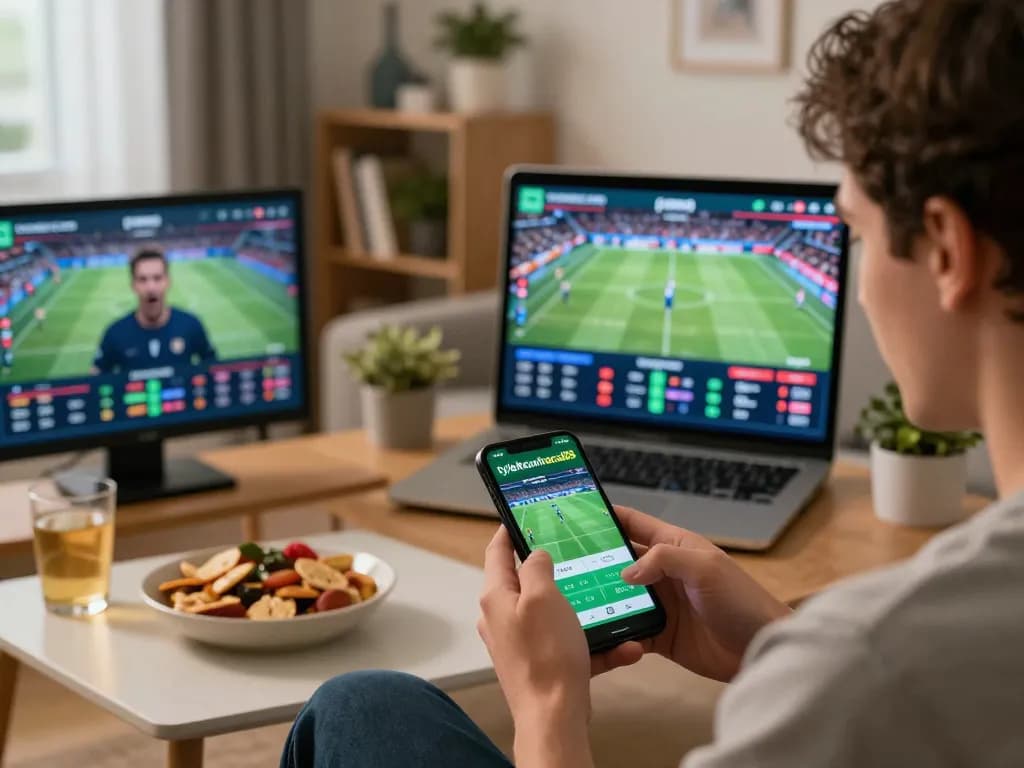Engaging in sports betting using the tylekeonhacai88 app on a smartphone in a cozy home setting.