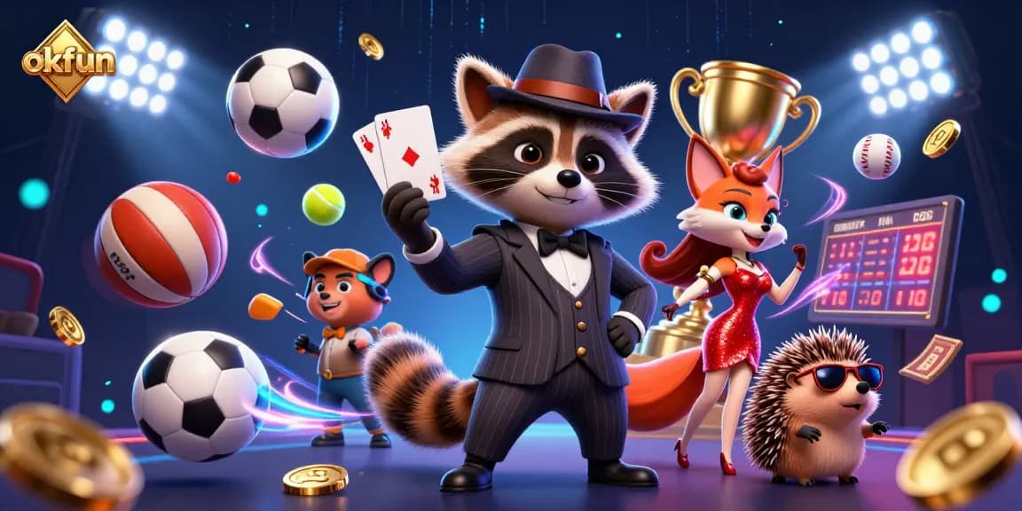 Engage in exciting gaming with okfun, featuring raccoon, fox, and hedgehog characters amidst casino elements.