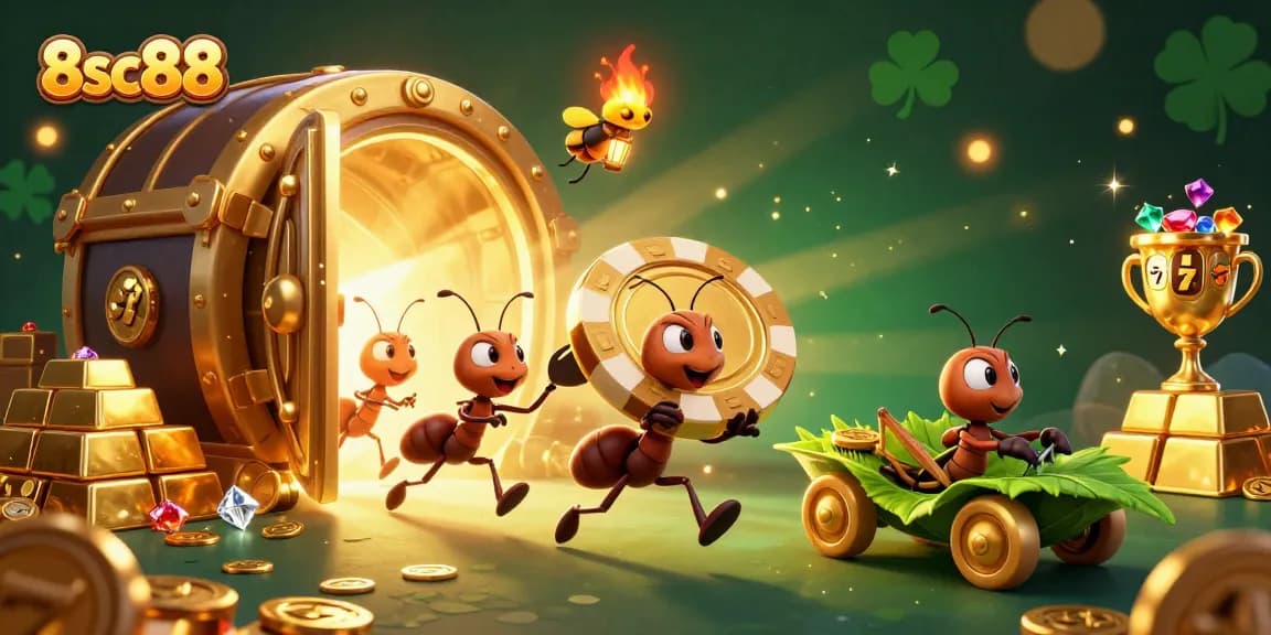 Ants in a tunnel heist for a giant golden poker chip at 8sc88, with casino elements.