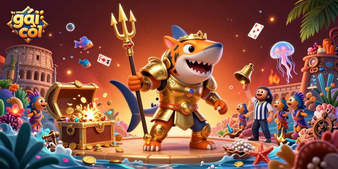 Engage with exhilarating gambling adventures with gái gọi, featuring a 3D tiger shark in a vibrant underwater scene.