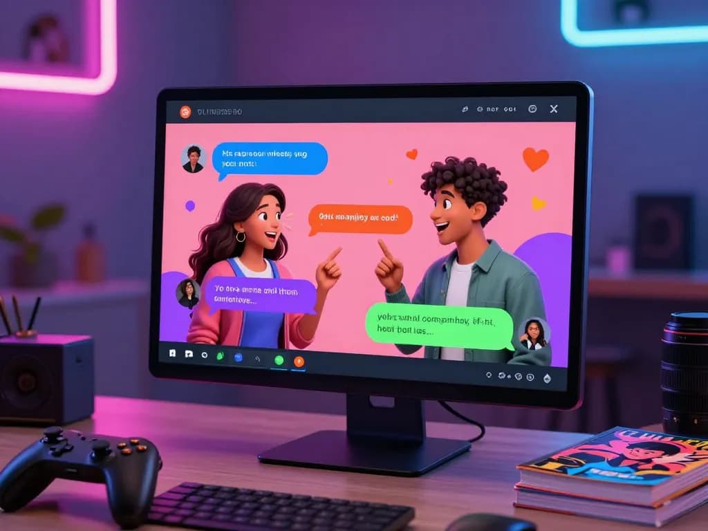 Engaging in an AI porn chat with a digital companion in a vibrant workspace setting.