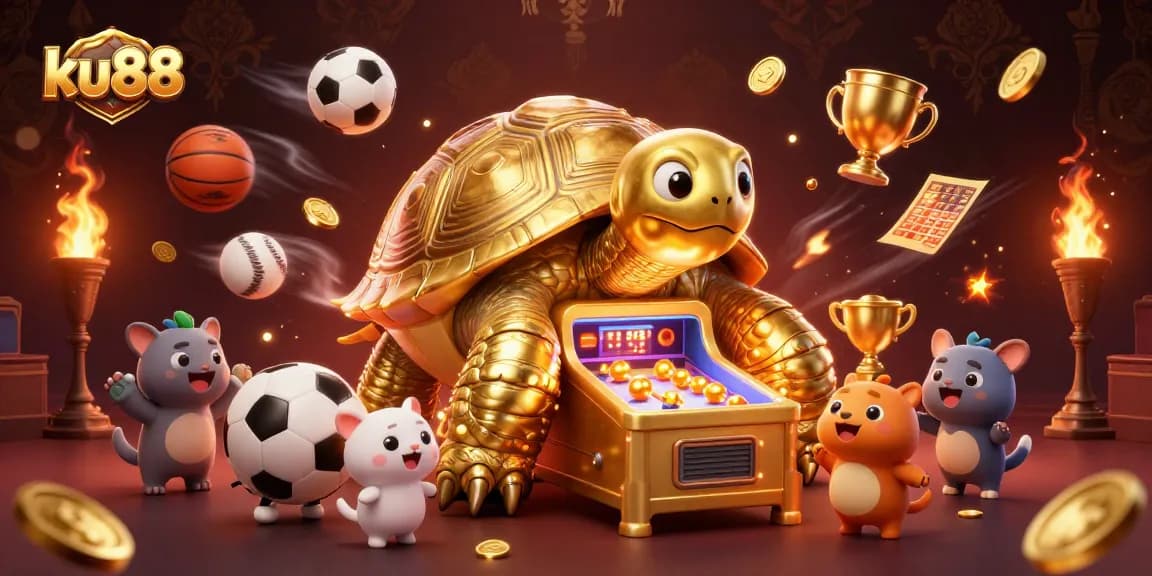 ku88 engages players with a vibrant 3D casino scene featuring a colossal golden tortoise and sports elements.