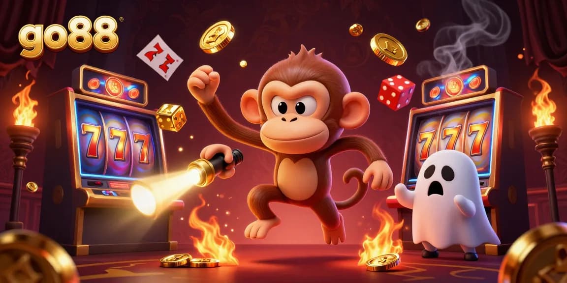 Experience go88 with a poltergeist monkey juggling golden casino treasures, captivating gamers in a haunted environment.