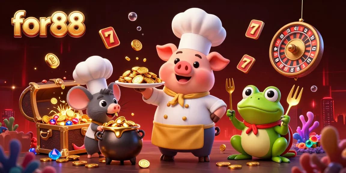 Engage in exciting gameplay with for88 as a chef pig serves gold coins among vibrant casino elements.