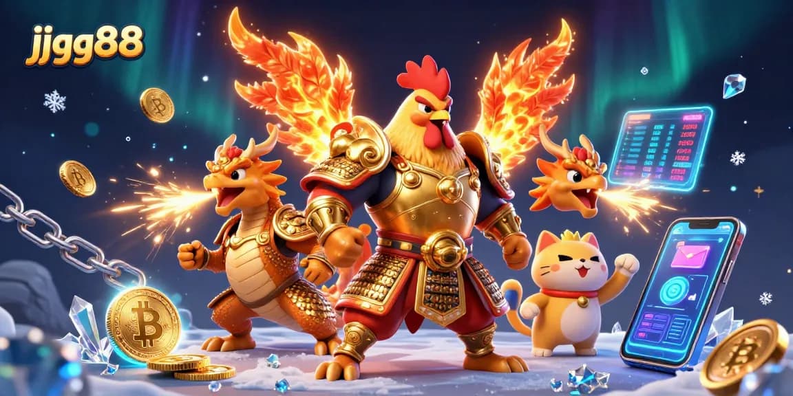 Engage with jjgg88 as a powerful rooster warrior commands attention alongside a dragon and fortune cat in a thrilling casino scene.
