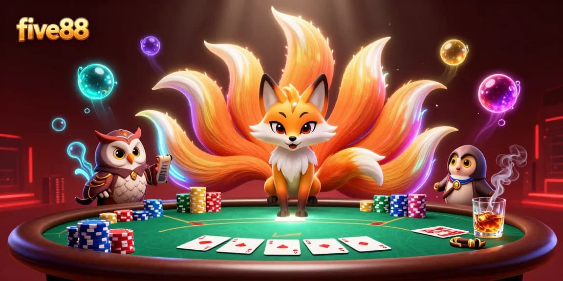 Experience the excitement at five88 with vibrant poker elements and captivating 3D characters.