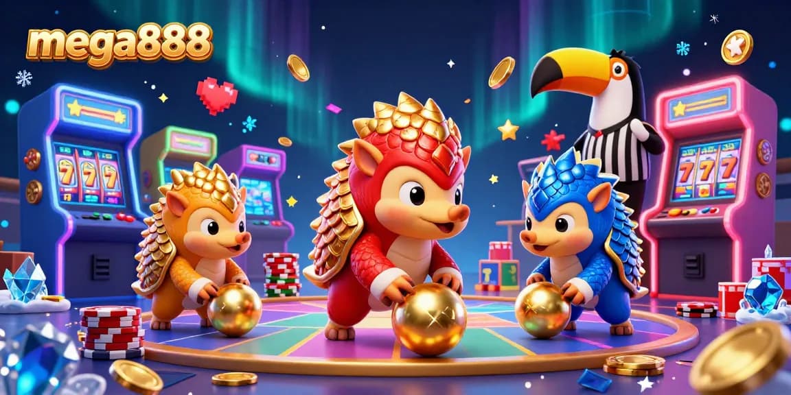 Engage in thrilling mega888 slots action with dynamic pangolins bowling golden balls amidst casino-themed arcade excitement.