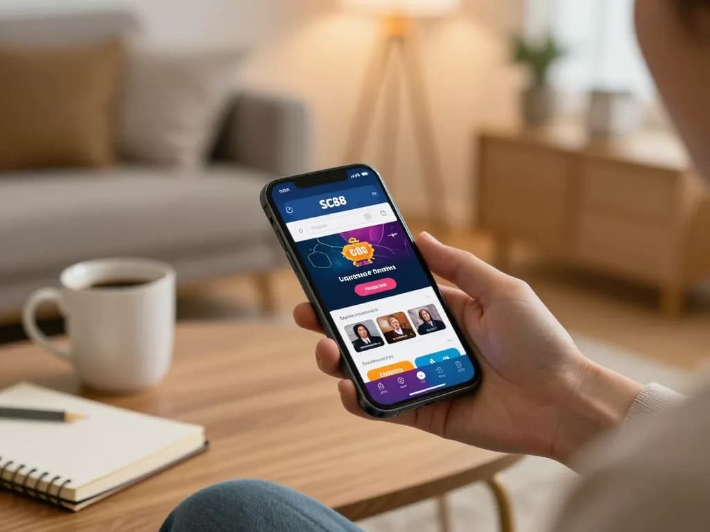 Engaging in mobile gambling with the link chính thức SC88 visible on smartphone screen in a cozy home setting