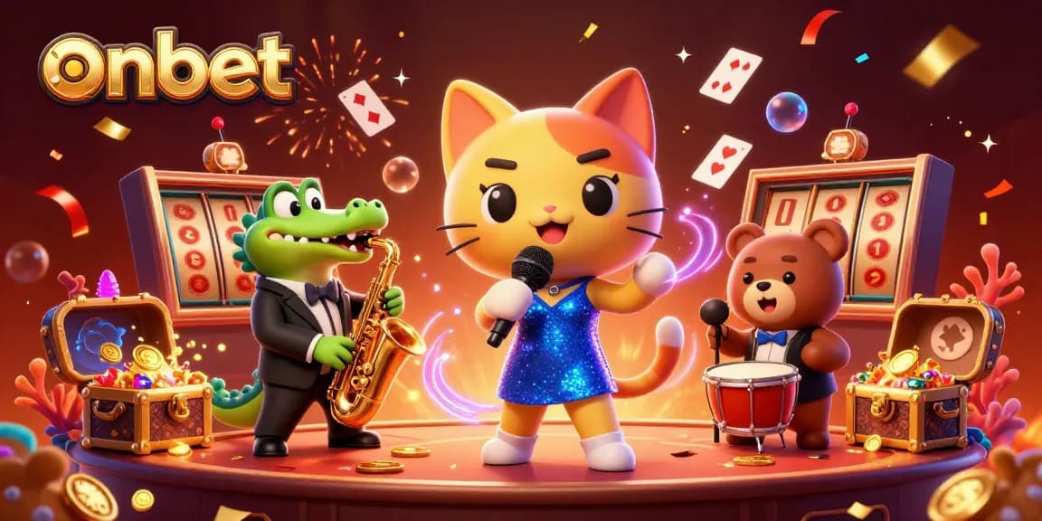 Experience the excitement of onbet with a vibrant casino illustration featuring a jazz-singer cat and friends.