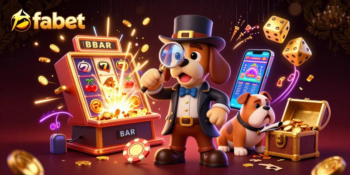 Experience fabet's vibrant casino world with cartoon characters uncovering treasures amidst slot machines.