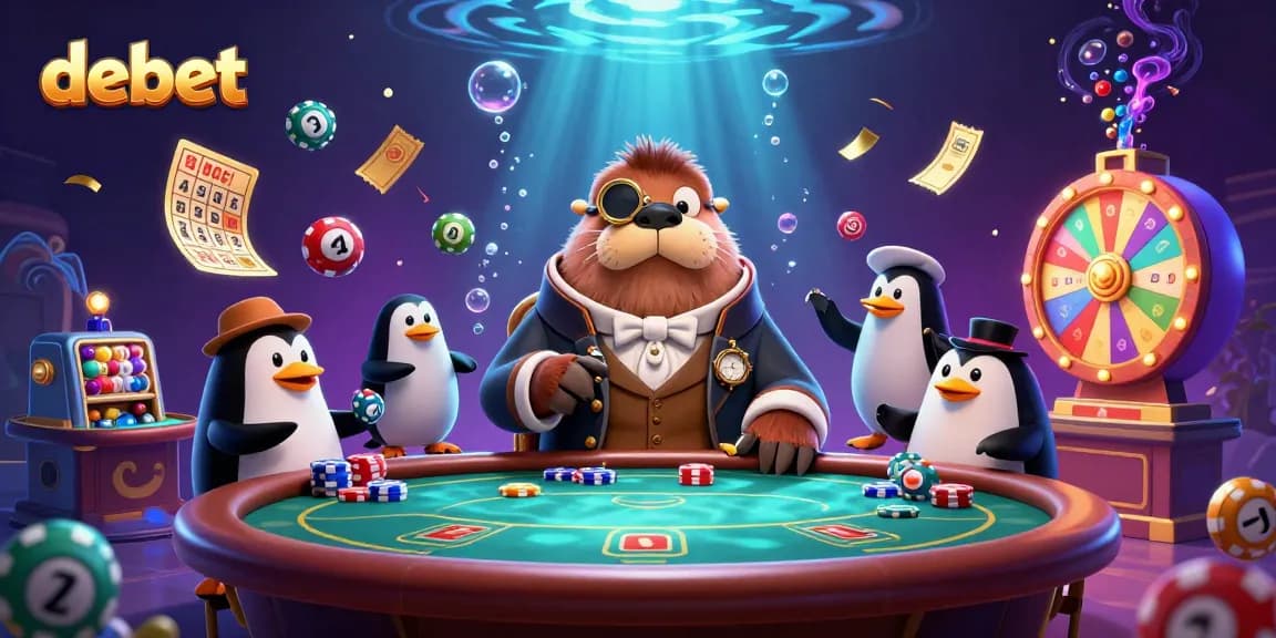 Engage in poker action with debet as a jolly walrus plays at an underwater card table.