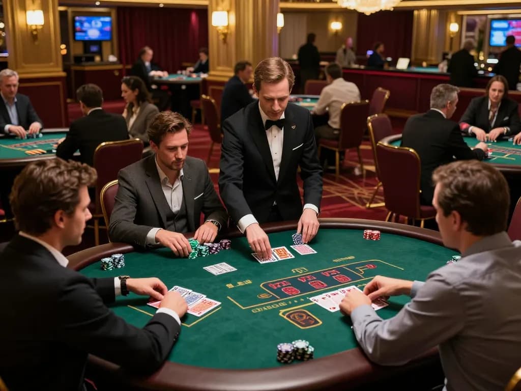 MM88 players engaging in an intense blackjack game in a luxurious casino setting.