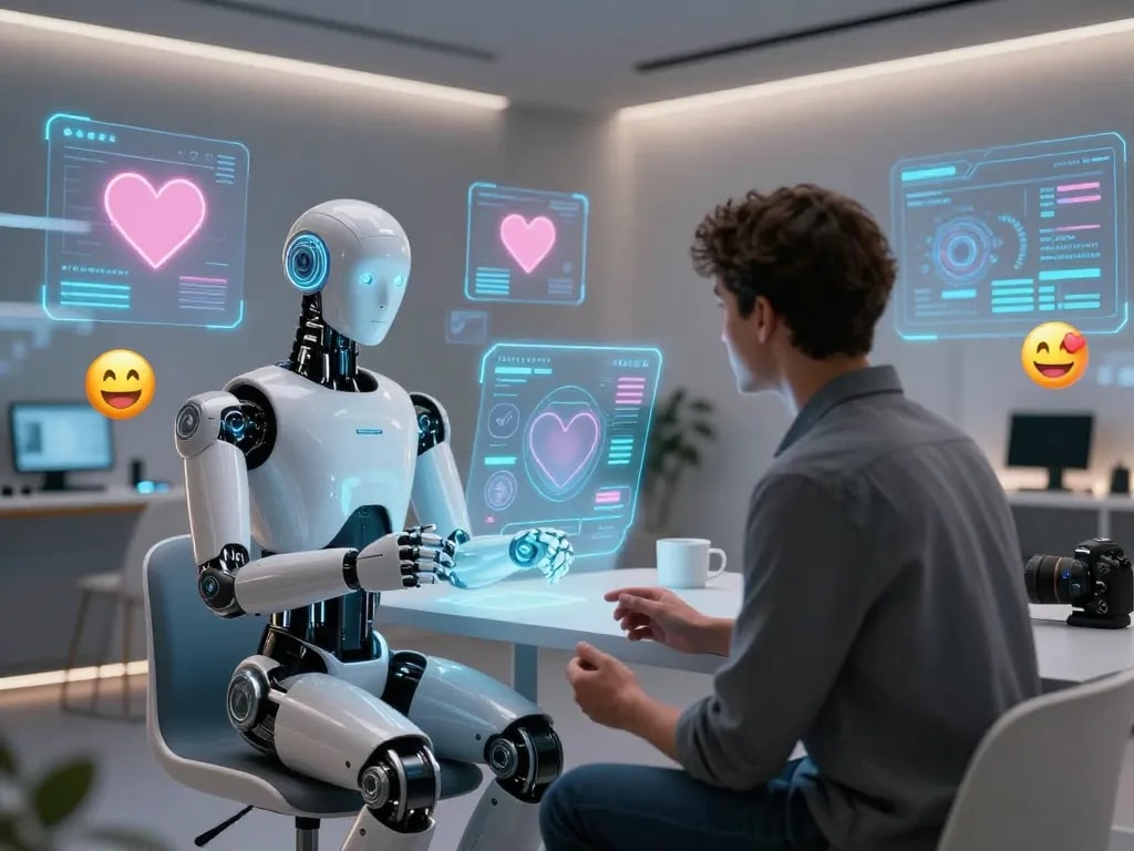 ai sex humanoid robot interacting with a person in a modern setting, showcasing advanced relationships through technology