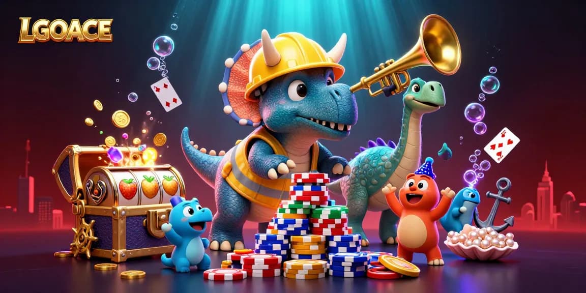 Join the fun with LGOACE as cartoon dinosaurs build poker chip towers in an exciting casino underwater scene.