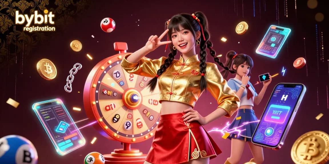 Engage with bybit registration as a stunning Asian woman celebrates with crypto elements and vibrant confetti.
