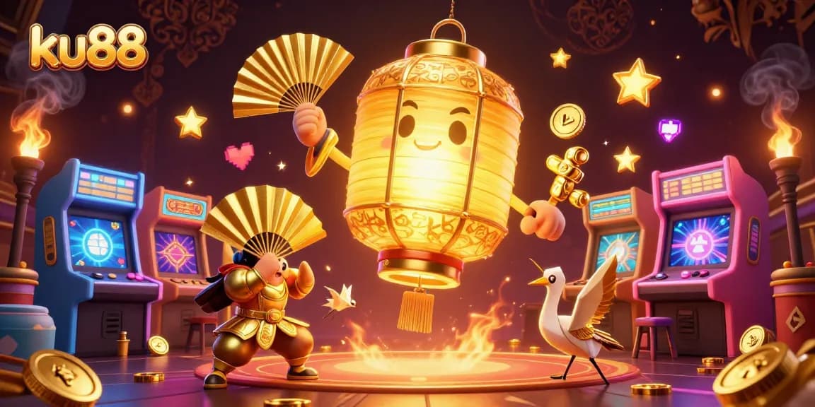 ku88 gaming illustration featuring golden lantern spirit and arcade machines in a vibrant casino scene