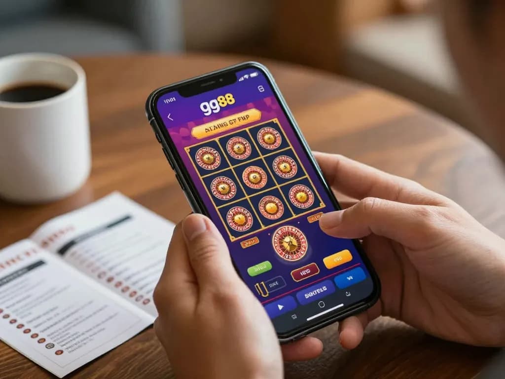 Engaging with gg88 online casino app on a mobile device in a cozy home environment.