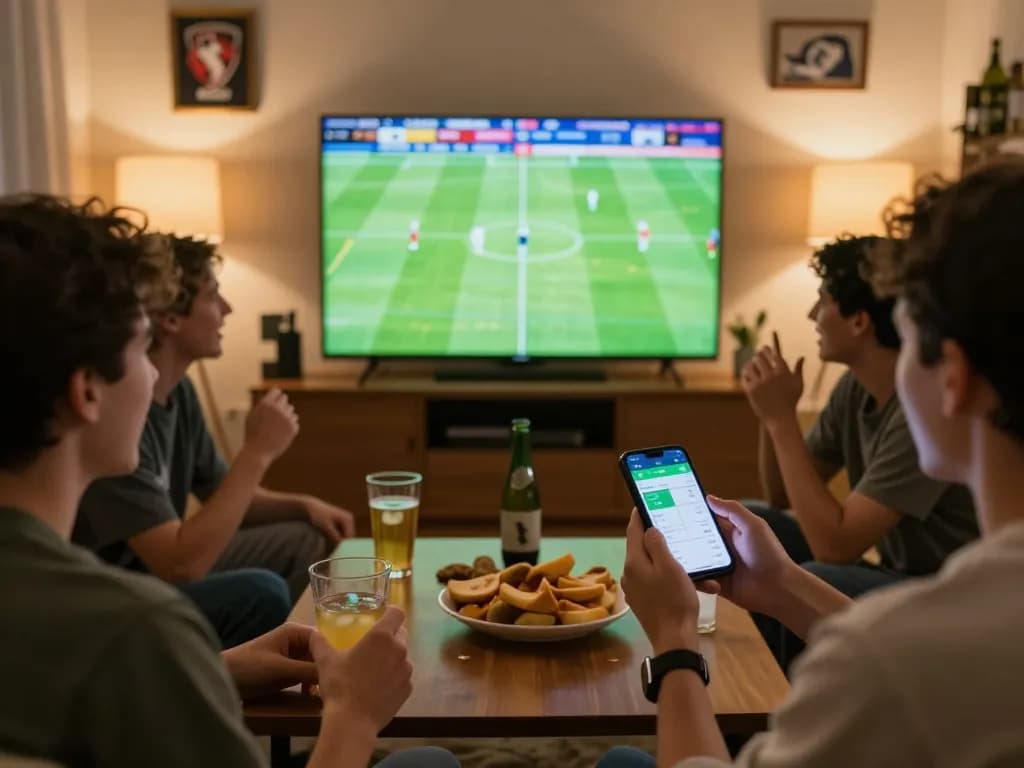 A group of friends enjoying keo nha cai hom nay while watching a live football match on the big screen