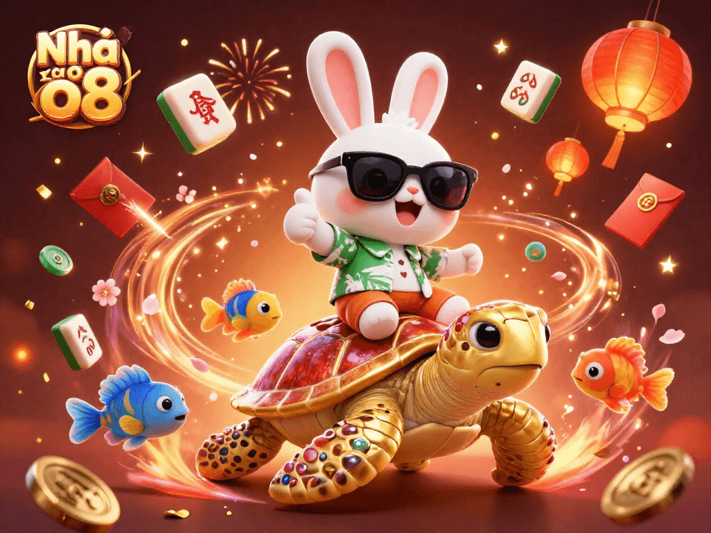 Engaging scene with Nhà cái o8 logo, featuring a lucky rabbit and sea turtle amidst exciting gambling elements.
