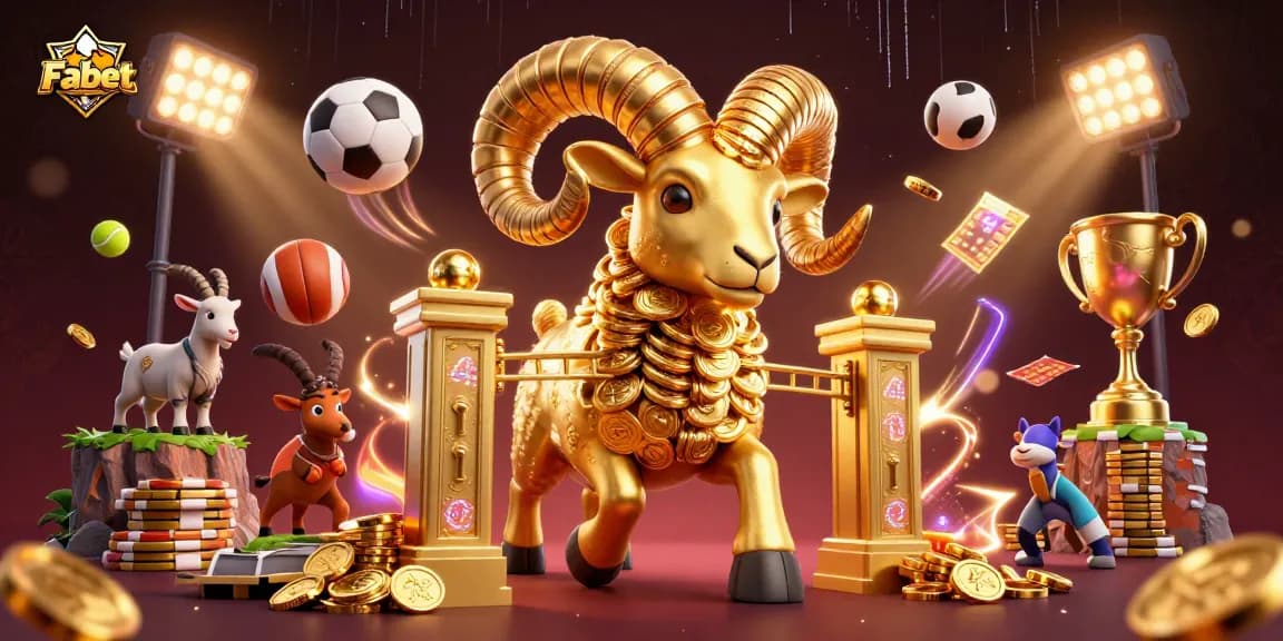 Experience thrilling moments with Fabet in this vibrant 3D casino illustration featuring a golden ram and dynamic sports elements.