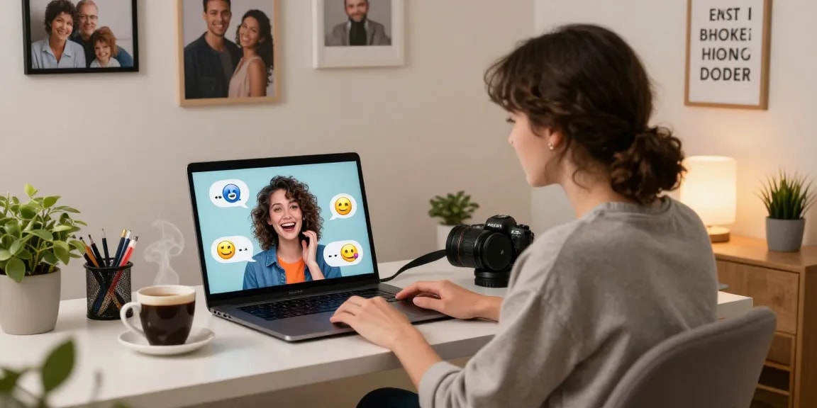Chatting with an AI gf in a cozy workspace, showcasing digital connection