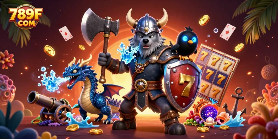 Engage in thrilling gameplay with 789F COM, featuring a Viking warrior, dragon, and slot reels.